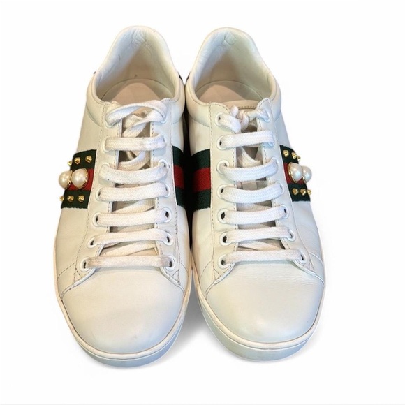 GUCCI 
Calfskin Ace Pearl Studded Womens Sneakers - Picture 2 of 5